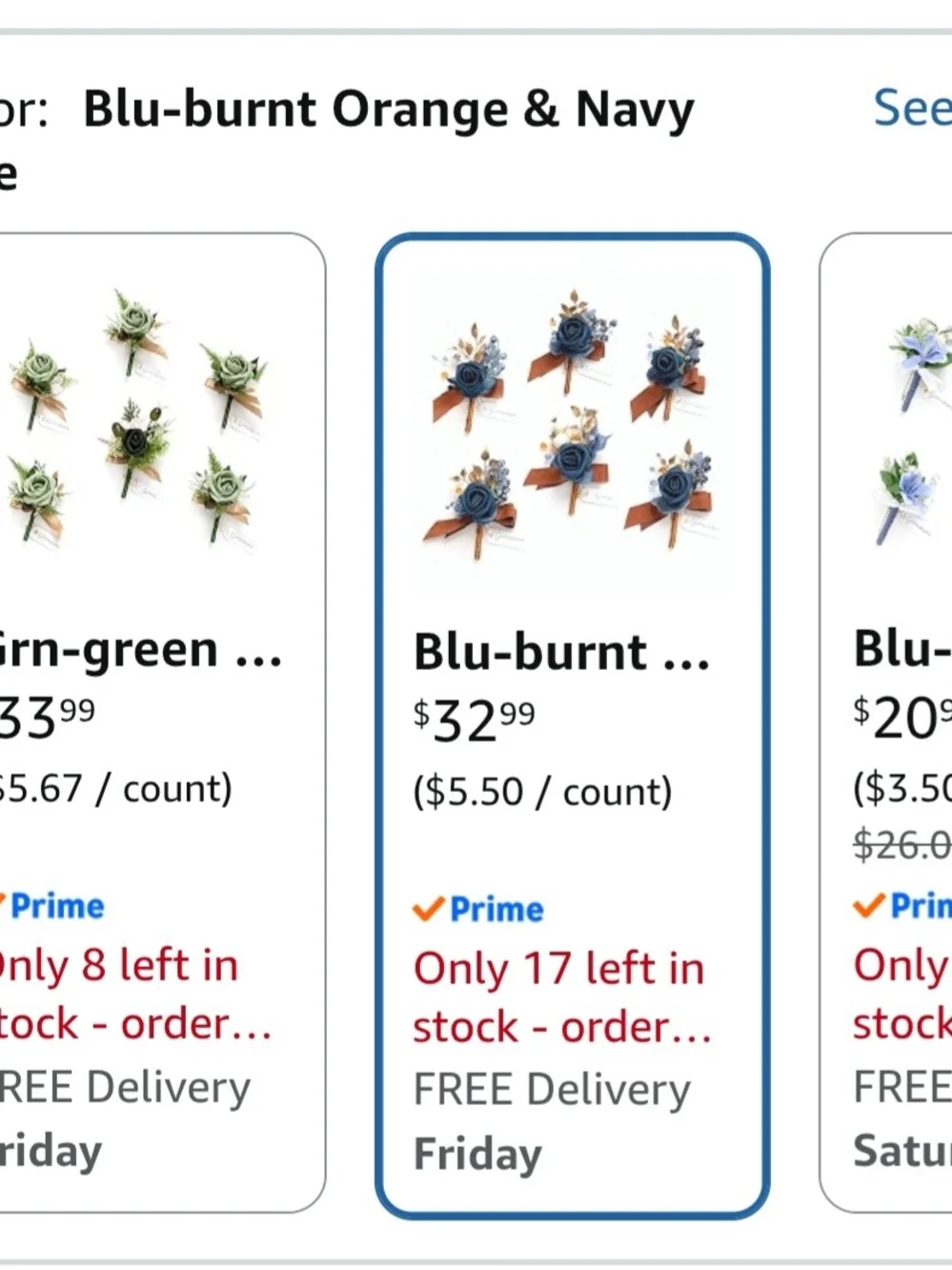 Bridesmaid Bouquet(6pc) And Boutoniere (6pc) Navy, Rust & Cream